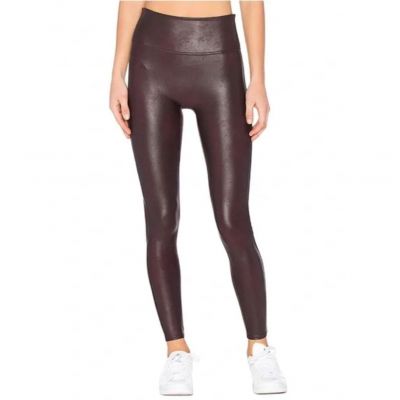 Spanx Faux Leather Leggings Medium High Rise Wine Burgundy Maroon Purple Shimmer